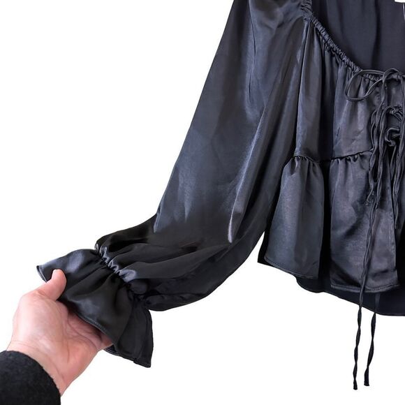 Top Shop Black Satiny Puffed Sleeve Blouse Size 10 - Picture 11 of 14